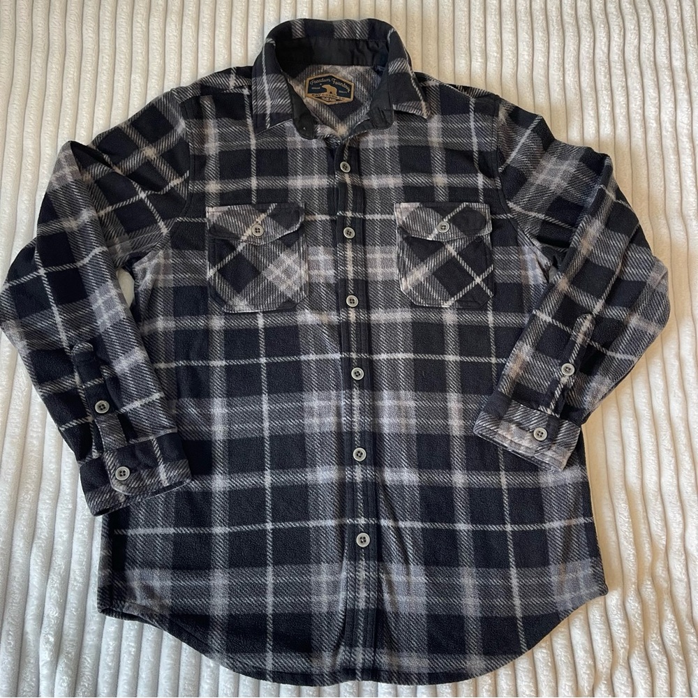 Plaid Fleece Shacket Button Up Shirt Jacket Grey M Cabincore Outdoors Gorpcore